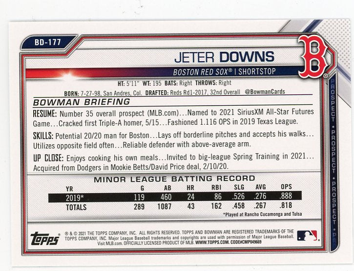 2021 Jeter Downs Prospect Bowman Boston Red Sox # BD-177