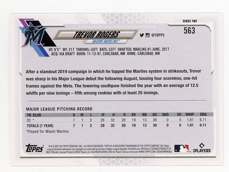 2021 Trevor Rogers Rookie Topps 70 Miami Marlins # 563