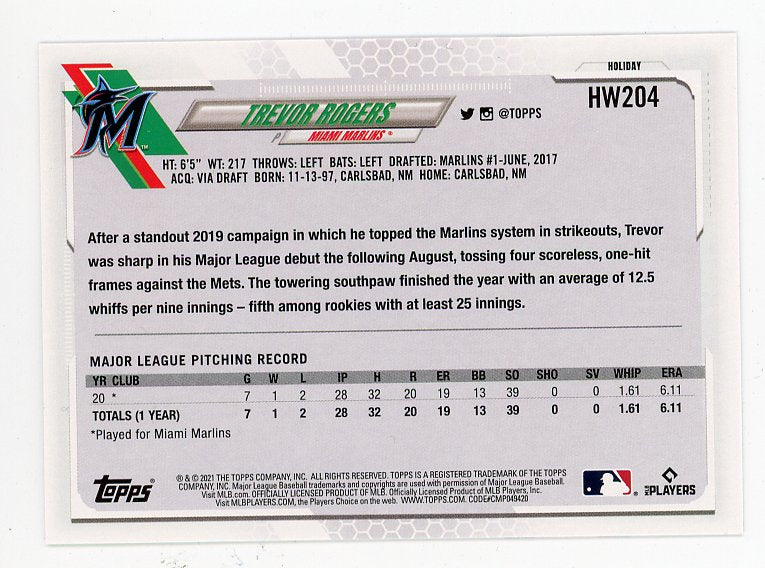 2021 Trevor Rogers Rookie Holiday Topps Miami Marlins # HW204