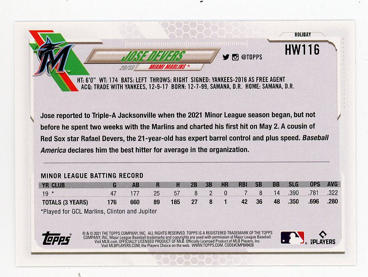 2021 Jose Devers Rookie Holiday Topps Miami Marlins # HW116