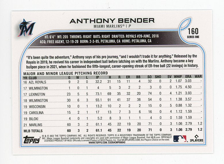 2022 Anthony Bender Rookie Topps Miami Marlins # 160