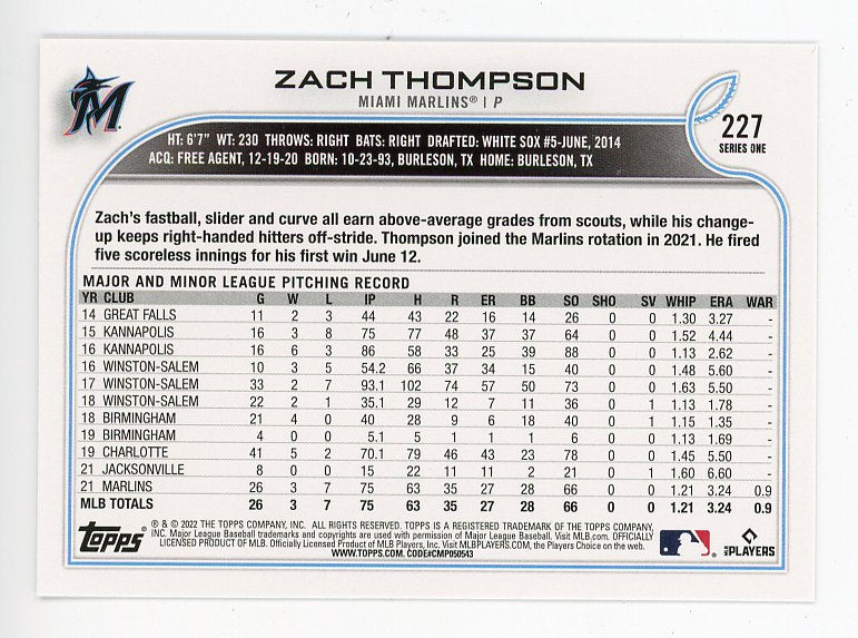 2022 Zach Thompson Rookie Topps Miami Marlins # 227