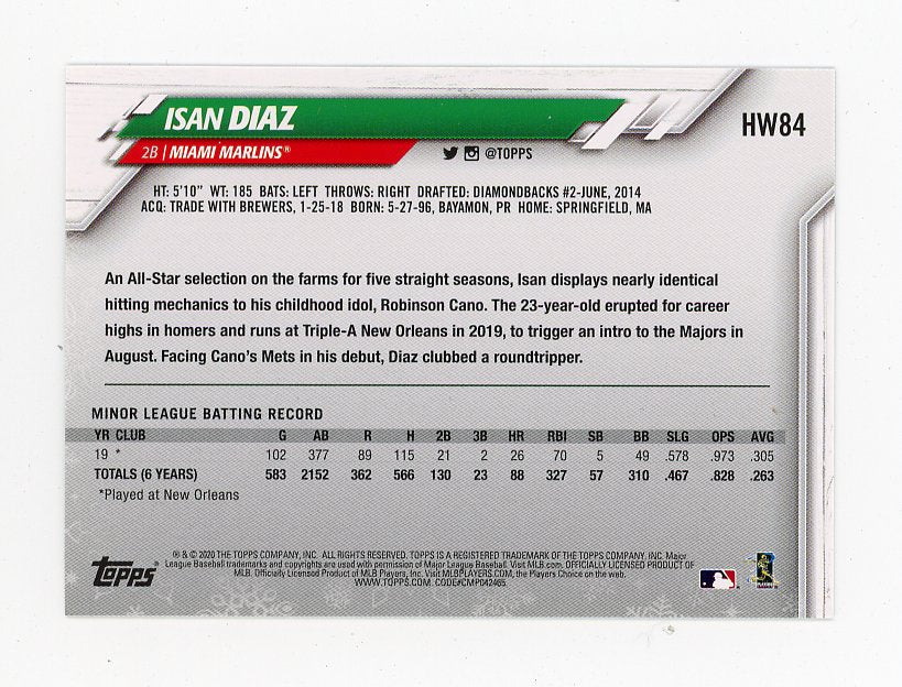2020 Isan Diaz Rookie Holiday Topps Miami Marlins # HW84