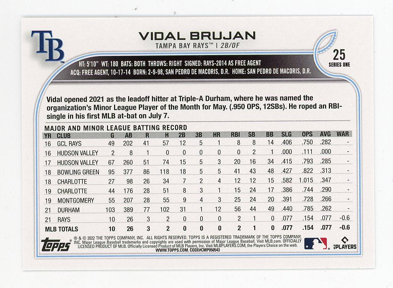 2022 Vidal Brujan Rookie Topps Tampa Bay Rays # 25