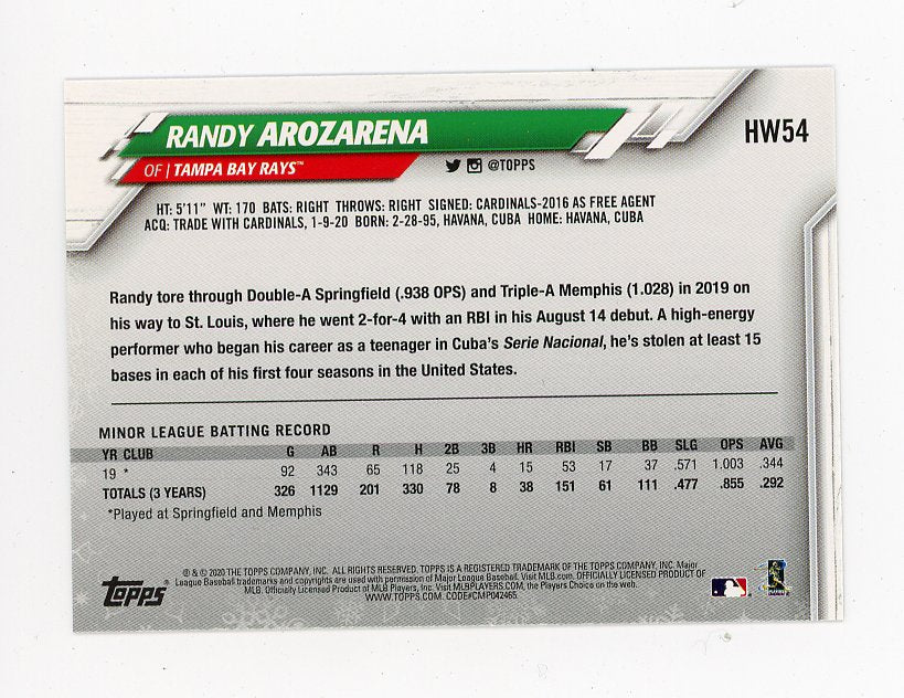 2020 Randy Arozarena Rookie Holiday Topps Tampa Bay Rays # HW54