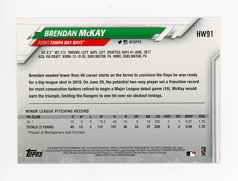 2020 Brendan Mckay Rookie Holiday Topps Tampa Bay Rays # HW91
