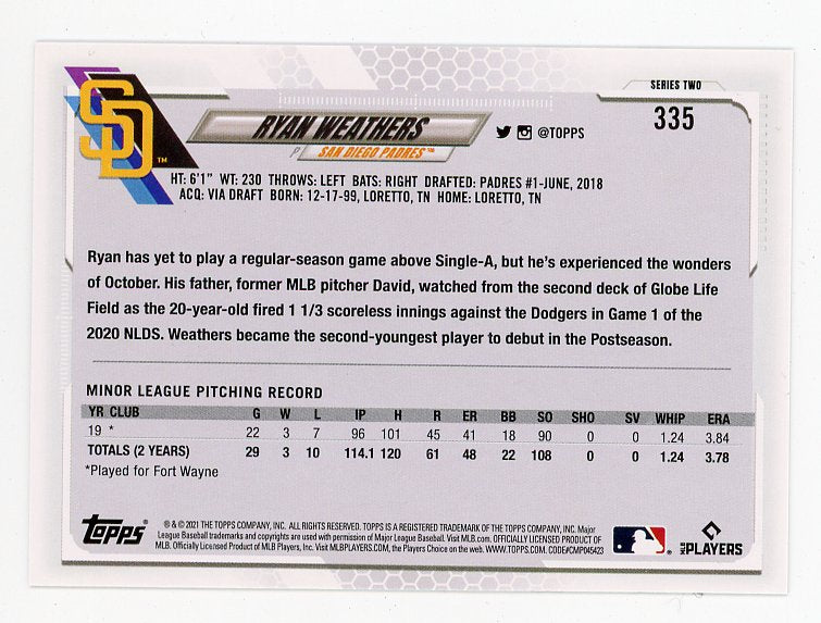 2021 Ryan Weathers Rookie Topps 70 Tampa Bay Rays # 335
