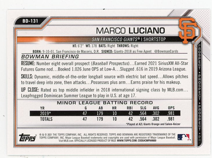 2021 Marco Luciano Prospect Bowman San Diego Padres # BD-131