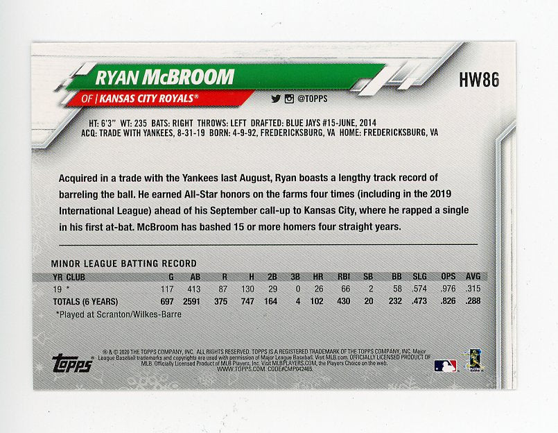 2020 Ryan Mcbroom Rookie Holiday Topps Kansas City Royals # HW86