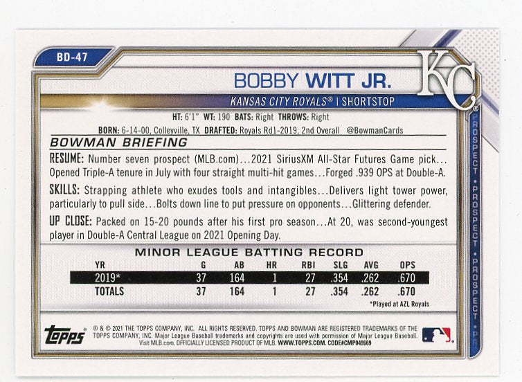 2021 Bobby Witt JR Prospect Bowman Kansas City Royals # BD-47