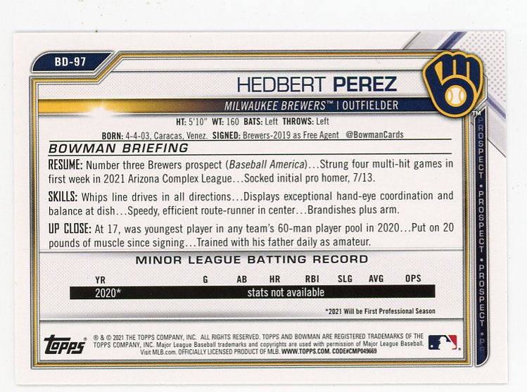 2021 Hedbert Perez Prospect Bowman Milwaukee Brewers # BD-97