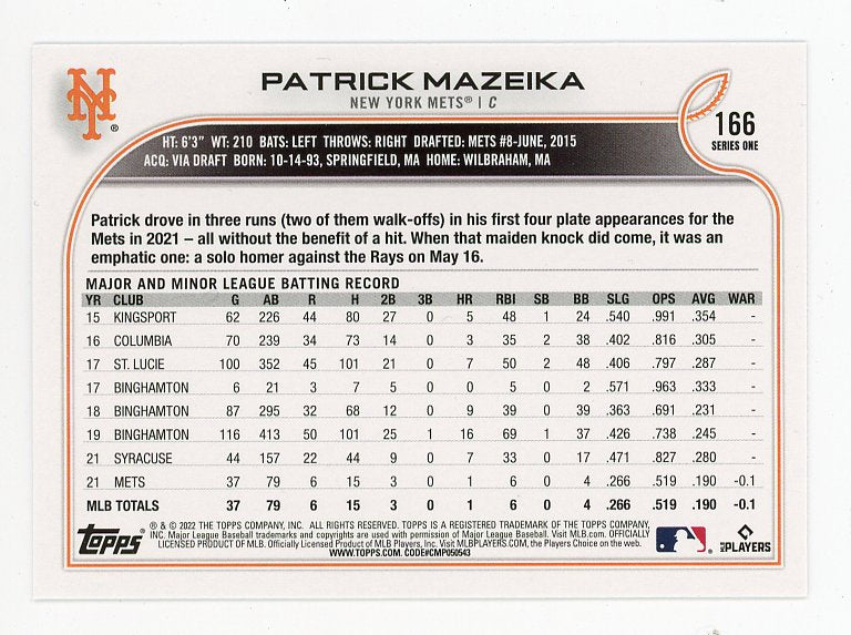 2022 Patrick Mazeika Rookie Topps New York Mets # 166