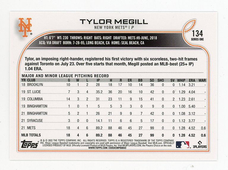 2022 Tylor Megill Rookie Topps New York Mets # 134