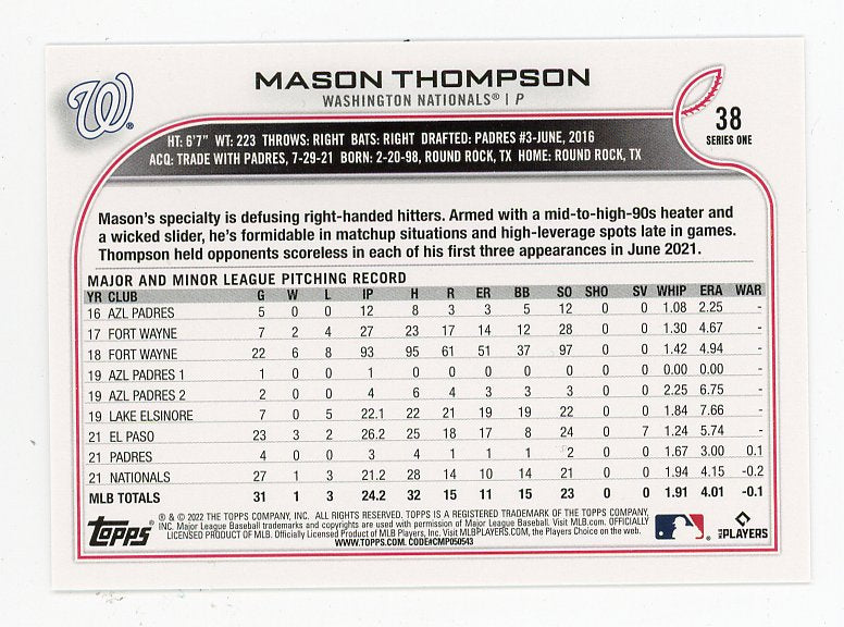 2022 Mason Thompson Rookie Holiday Topps Washington Nationals # 38