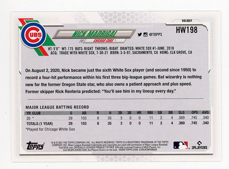 2021 Nick Madrigal Rookie Holiday Topps Chicago Cubs # HW198