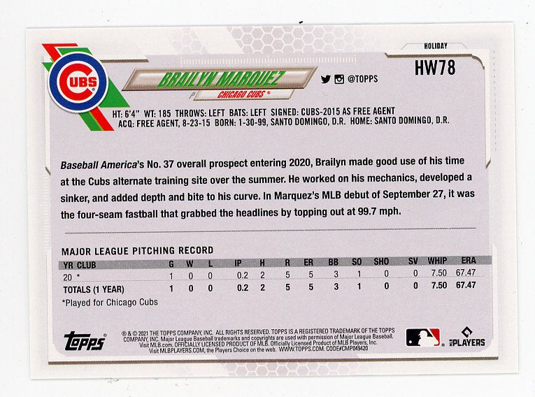 2021 Brailyn Marquez Rookie Holiday Topps Chicago Cubs # HW78