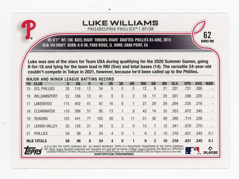 2022 Luke Williams Rookie Topps Philadelphia Phillies # 62