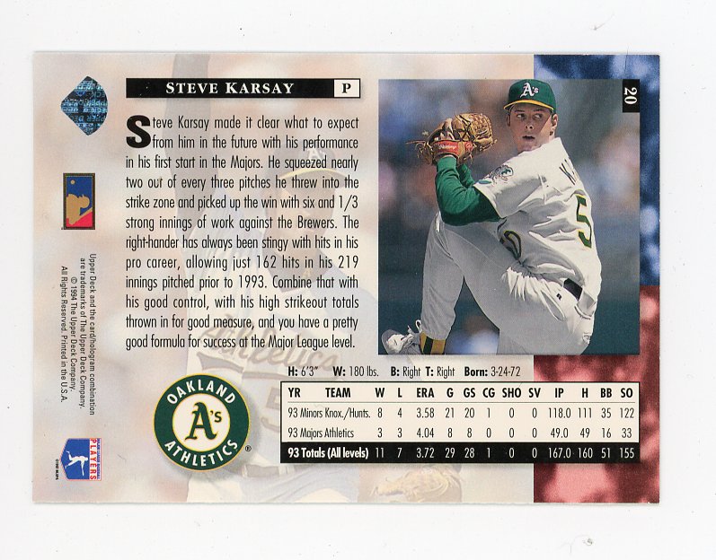 1994 Steve Karsay Star Rookies Upper Deck Oakland Athletics # 20