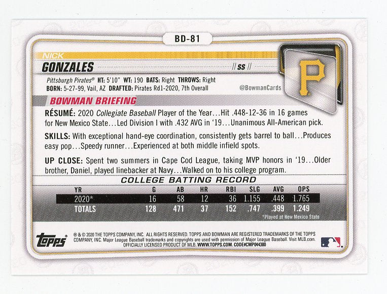 2020 Nick Gonzales Prospect Bowman Pittsburgh Pirates # BD-81
