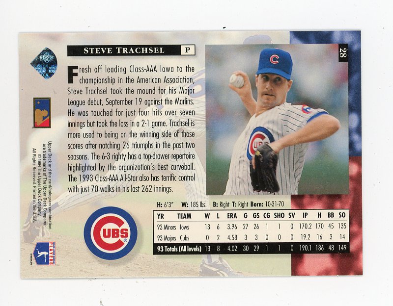 1994 Steve Trachsel Star Rookies Upper Deck Chicago Cubs # 28