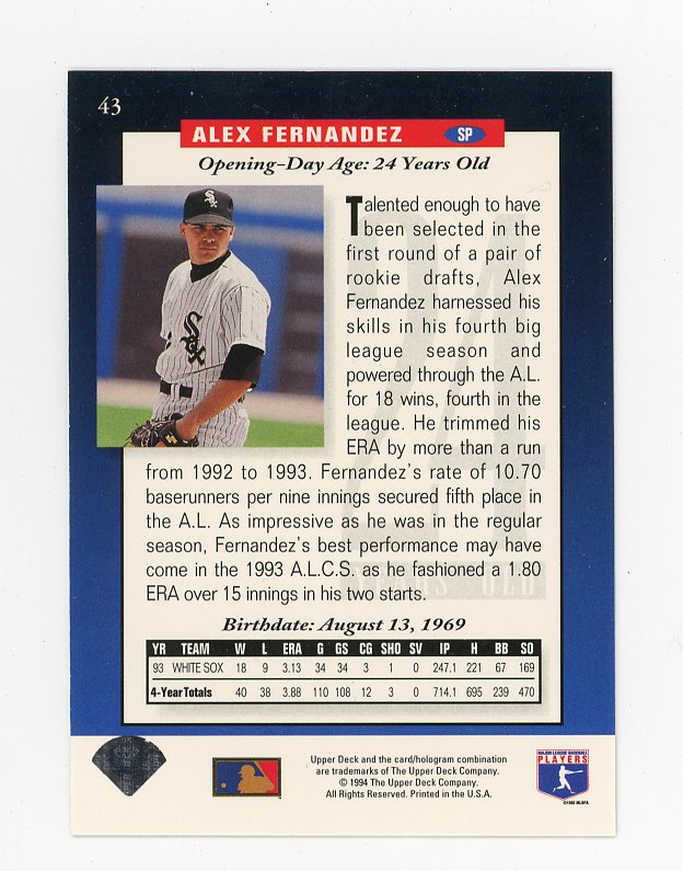 1994 Alex Fernandez The Future Is Now Upper Deck Chicago White Sox # 43
