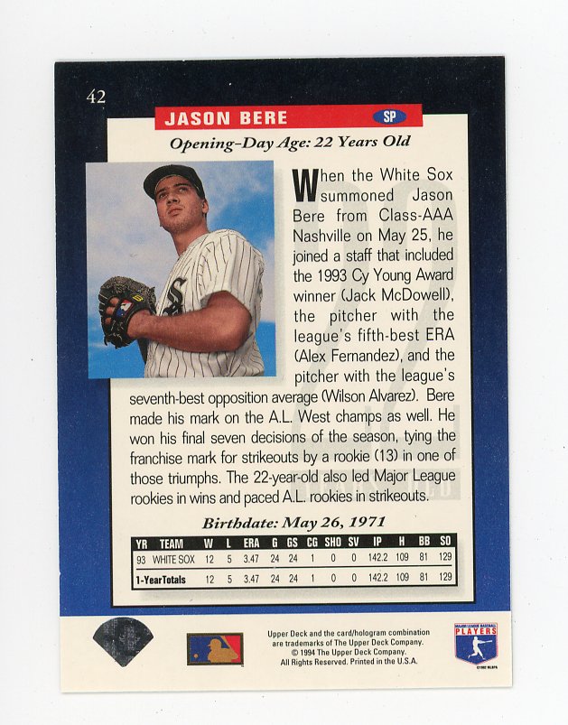 1994 Jason Bere The Future Is Now Upper Deck Chicago White Sox # 42
