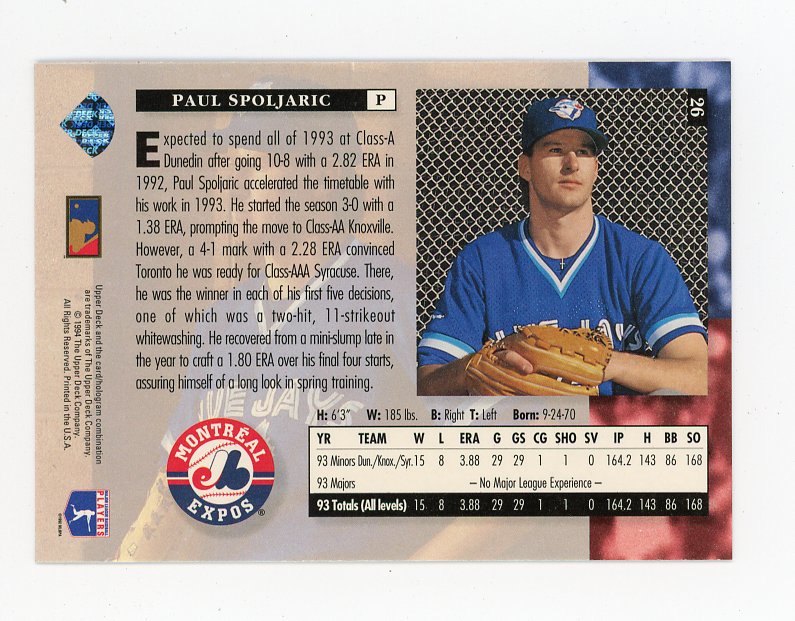 1994 Paul Spoljaric Star Rookies Upper Deck Toronto Blue Jays # 26