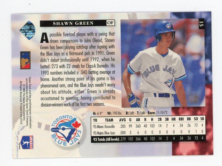 1994 Shawn Green Star Rookies Upper Deck Toronto Blue Jays # 15