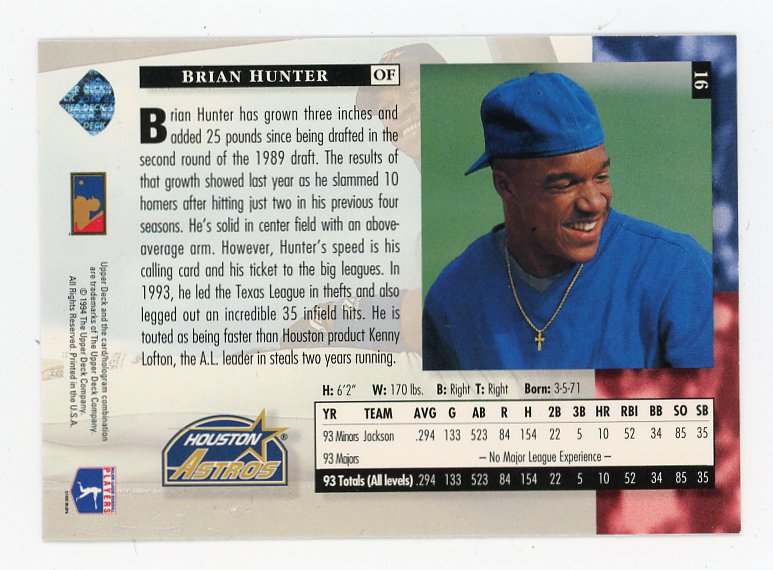 1994 Brian Hunter Star Rookies Upper Deck Houston Astros # 16