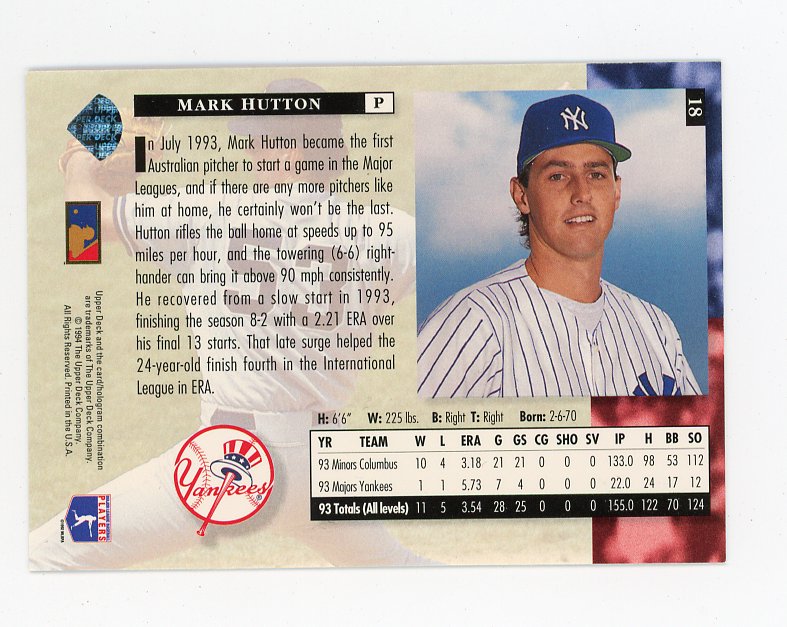 1994 Mark Hutton Star Rookies Upper Deck New York Yankees # 18