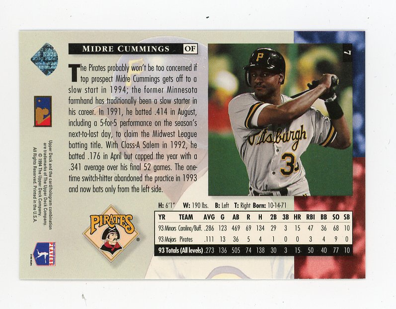 1994 Midre Cummings Star Rookies Upper Deck Pittsburgh Pirates # 7