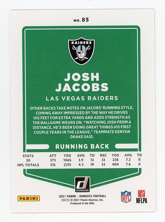 2021 Josh Jacobs Red Press Proof Donruss Las Vegas Raiders # 85