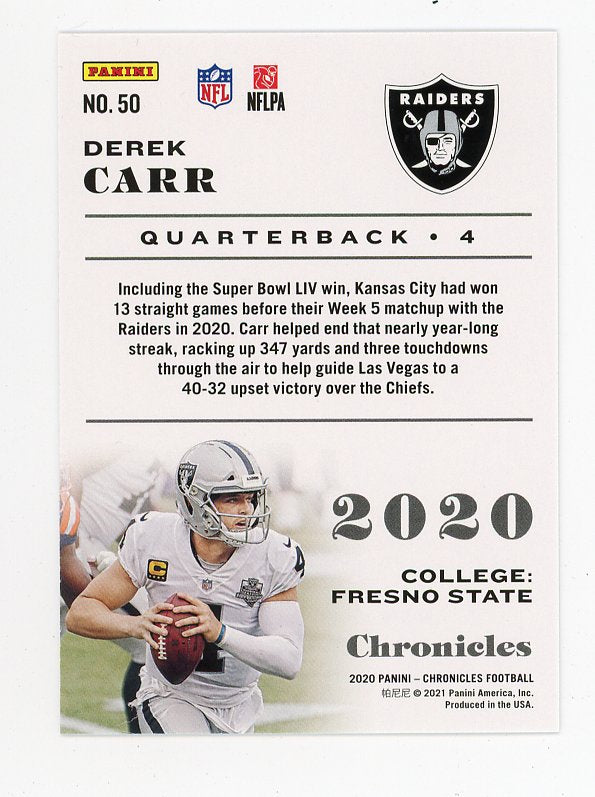 2020 Derek Carr Pink Chronicles Panini Las Vegas Raiders # 50