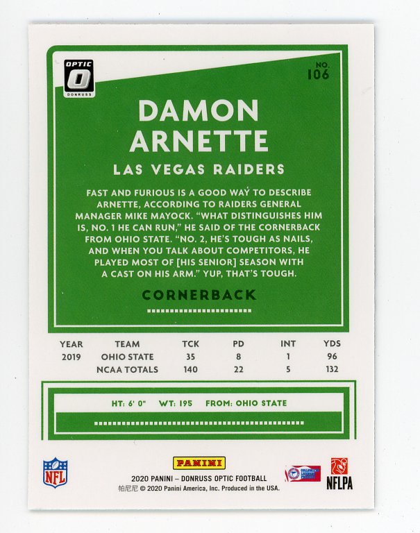 2020 Damon Arnette Rookie Donruss Optic Las Vegas Raiders # 106