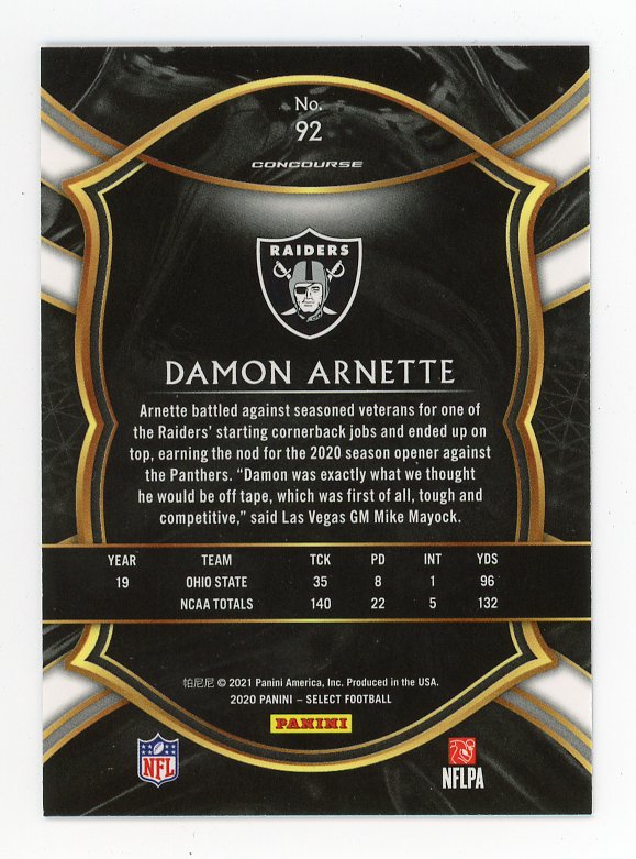 2021 Damon Arnette Rookie Concourse Select Las Vegas Raiders # 92