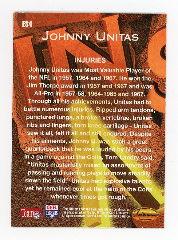 1994 Johnny Unitas Etched In Stone QB Legends Indianapolis Colts # ES4