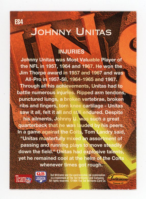 1994 Johnny Unitas Etched In Stone Red QB Legends Indianapolis Colts # ES4