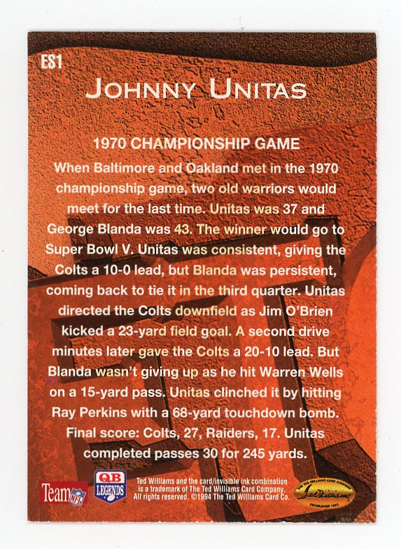 1994 Johnny Unitas Etched In Stone Red QB Legends Indianapolis Colts # ES1
