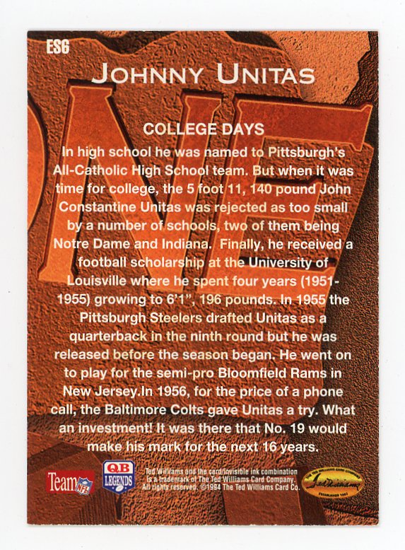 1994 Johnny Unitas Etched In Stone Red QB Legends Indianapolis Colts # ES6