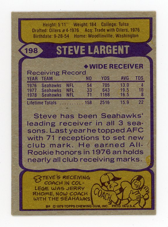 1979 Steve Largent All Pro Topps Seattle Seahawks # 198
