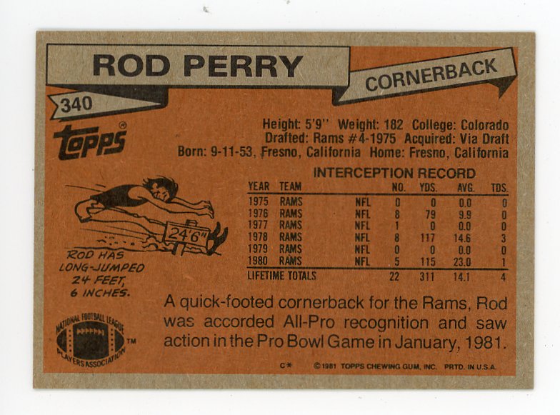 1981 Rod Perry All Pro Topps Los Angeles Rams # 340