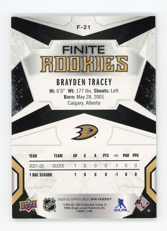 2022-2023 Brayden Tracey Finite Rookies #D /99 SPX Anaheim Ducks # F-21
