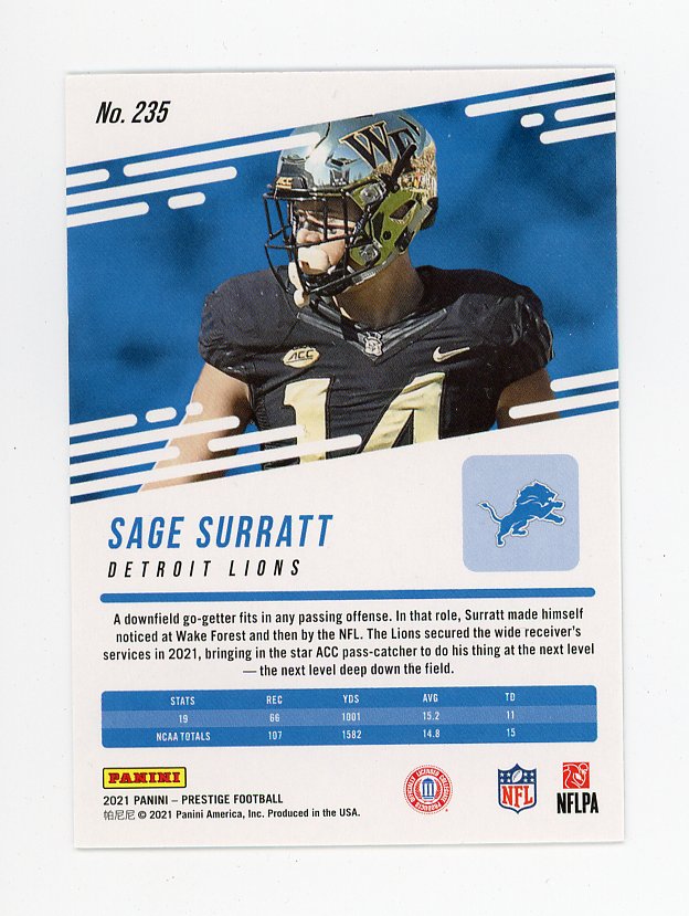 2021 Sage Surratt Rookie Prestige Detroit Lions # 235
