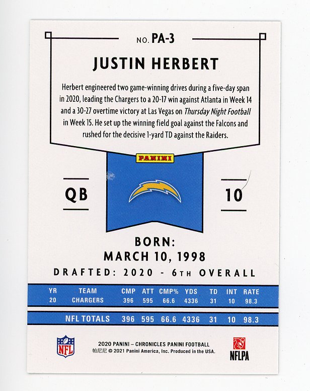 2021 Justin Herbert Rookie Chronicles Los Angeles Chargers # PA-3