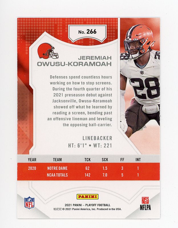 2021 Jeremiah Owusu-Koramoah Rookie Playoff Cleveland Browns # 266