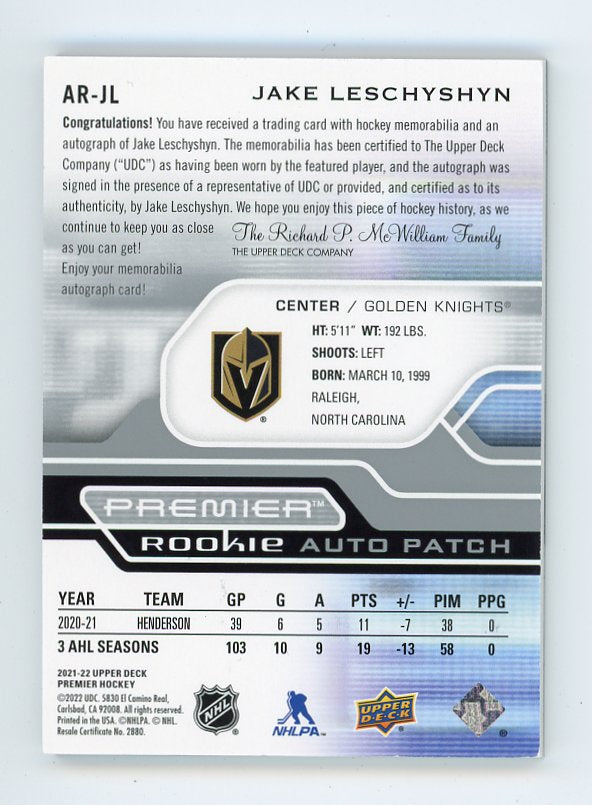 2021-2022 Jake Leschyshyn Rookie Auto Patch #D /249 Premier Las Vegas Golden Knights # AR-JL