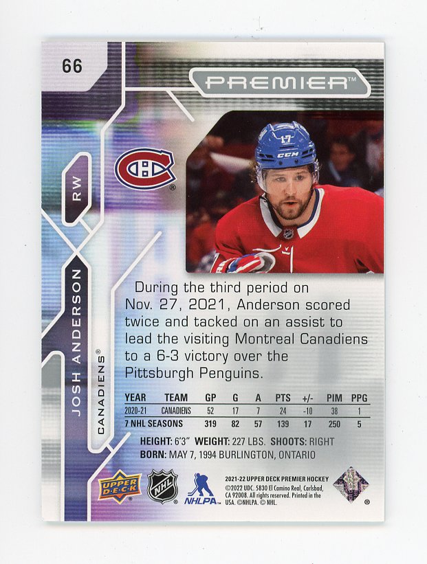 2021-2022 Josh Anderson #D /299 Premier Montreal Canadiens # 66