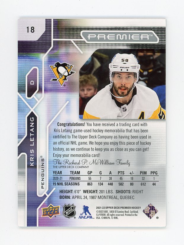 2021-2022 Kris Letang Jersey Premier Pittsburgh Penguins # 18