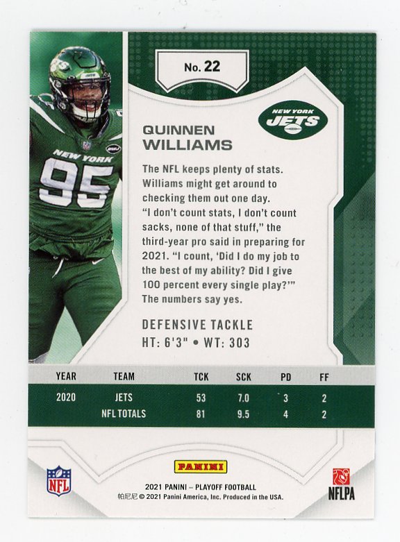 2021 Quinnen Williams Goal Line Playoff New York Jets # 22