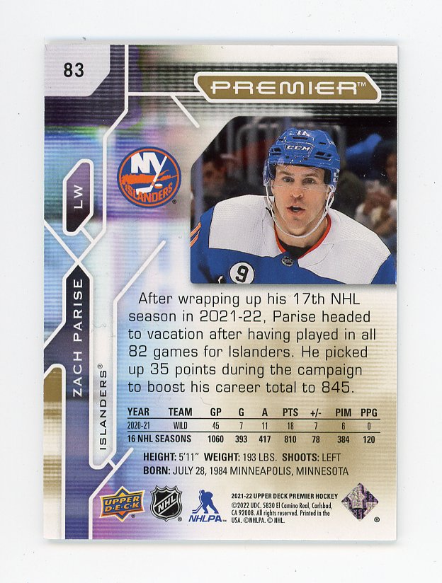 2021-2022 Zach Parise #D /65 Premier New York Islanders # 83